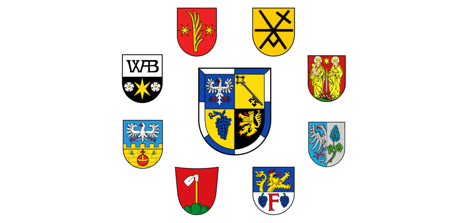 Das Wappen der Verbandsgemeinde in der Mitte, darum befinden sich die Wappen der zugehörigen Ortsgemeinden